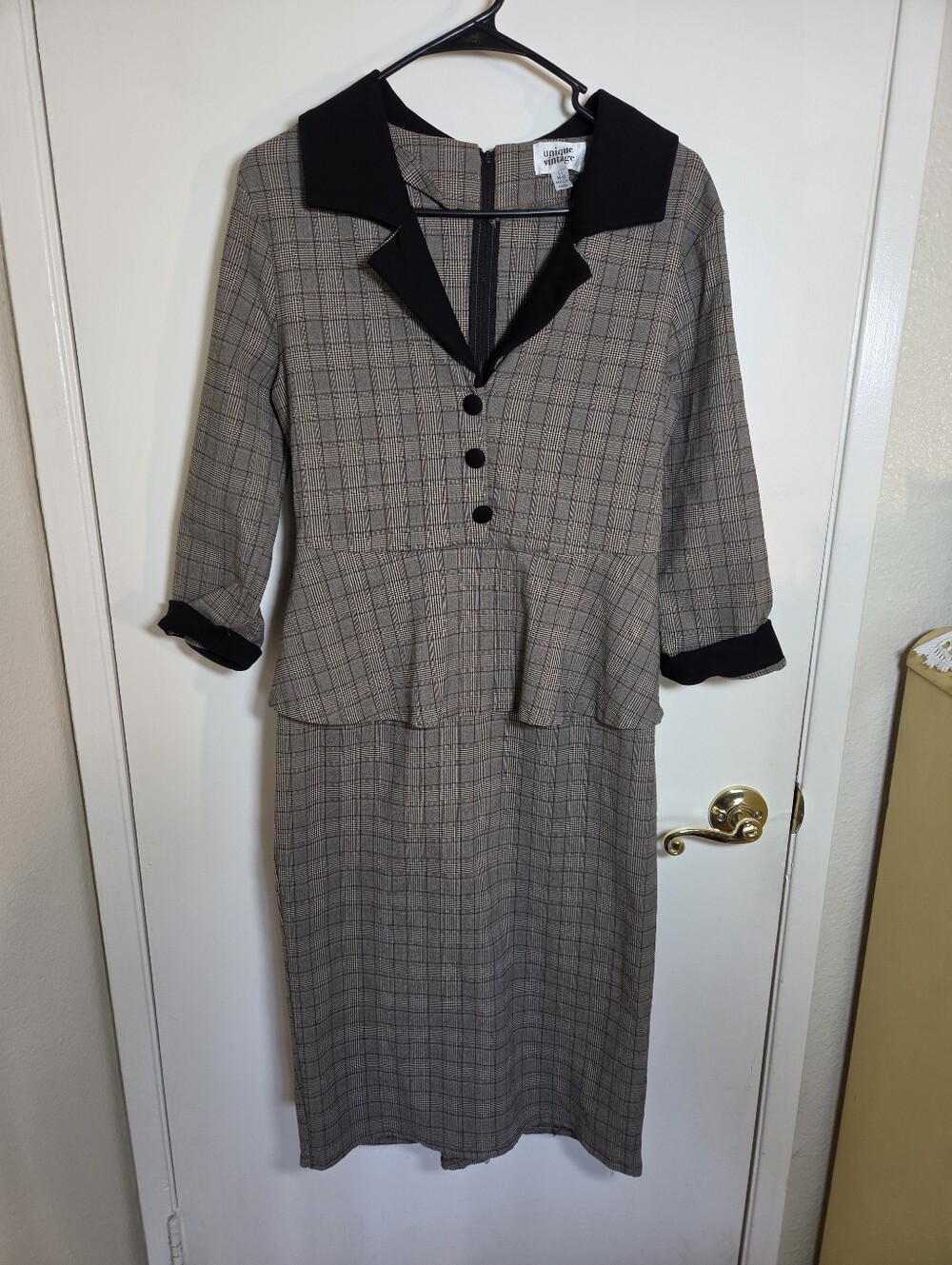 Unique Vintage Plaid Peplum Midi Dress with Black Trim